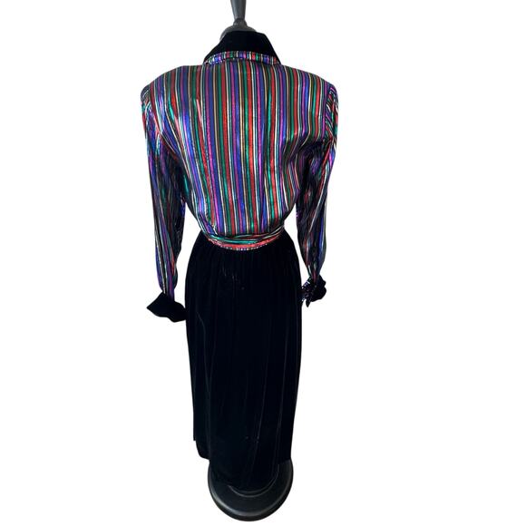 Christa New York Vintage Metallic Striped Velvet Gown Maxi Shirt Dress Size 10 - Picture 10 of 16